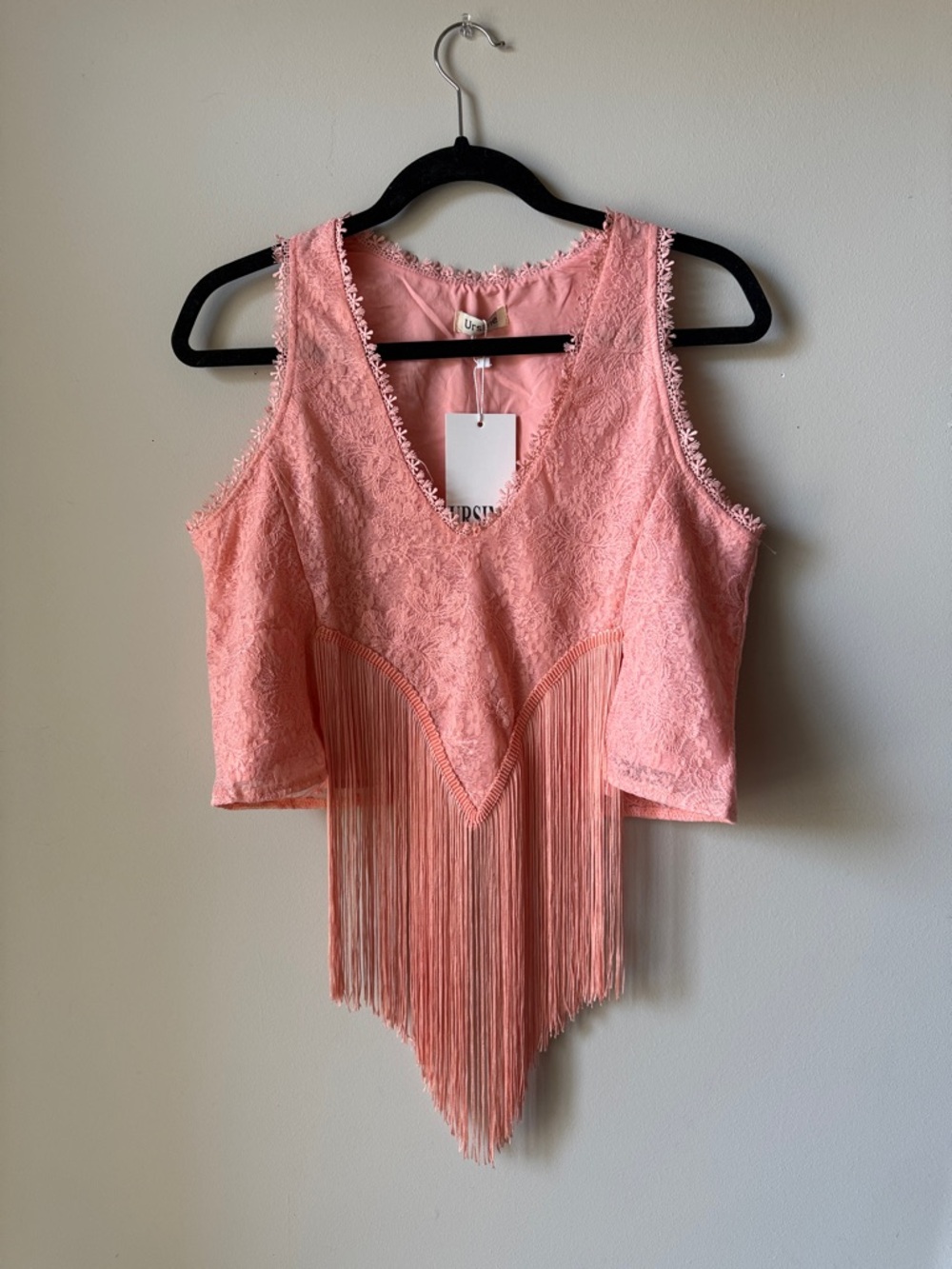 Pink Lace V-Neck Fringe Crop Camisole